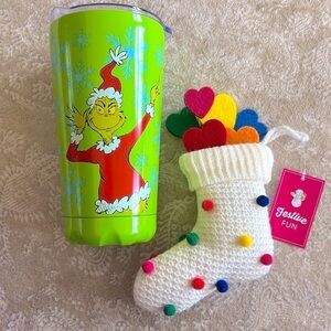 Brand New Grinch Stainless Steel Tumbler Neon Green & Colorful Heart Ornament
